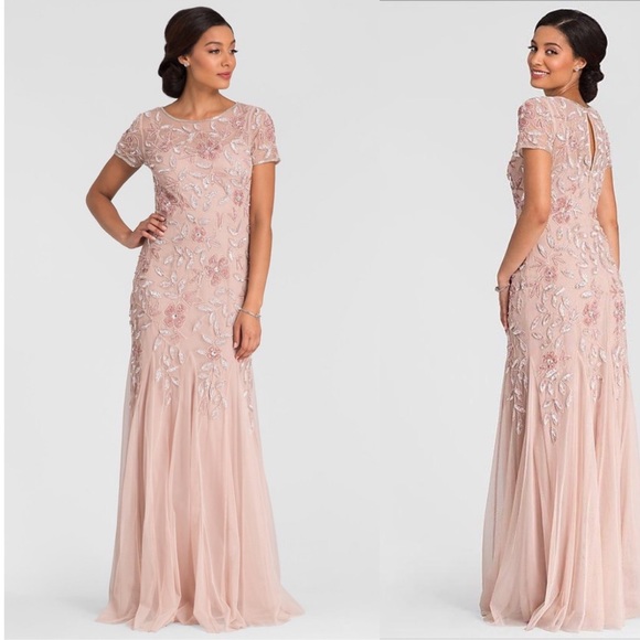 Adrianna Papell beaded short sleeve pink floral gown - Picture 3 of 15